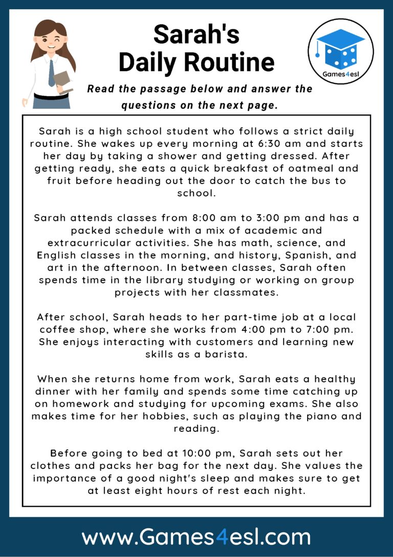 Daily Routine Reading Comprehension Worksheet Games4esl