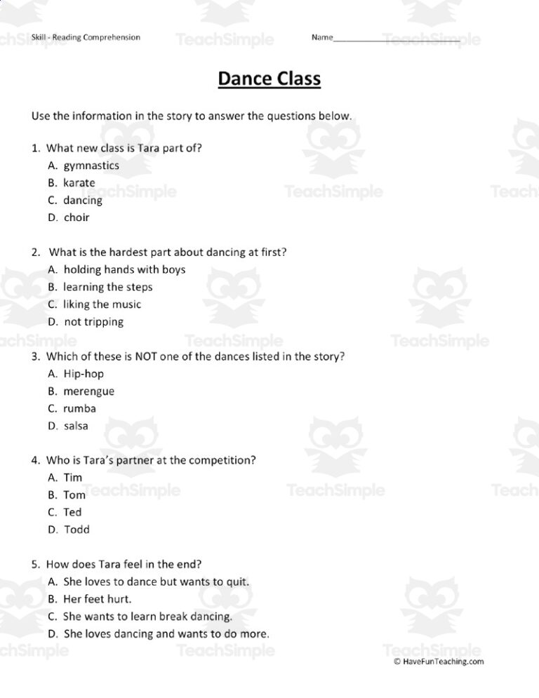 Dance Class Reading Comprehension Worksheet