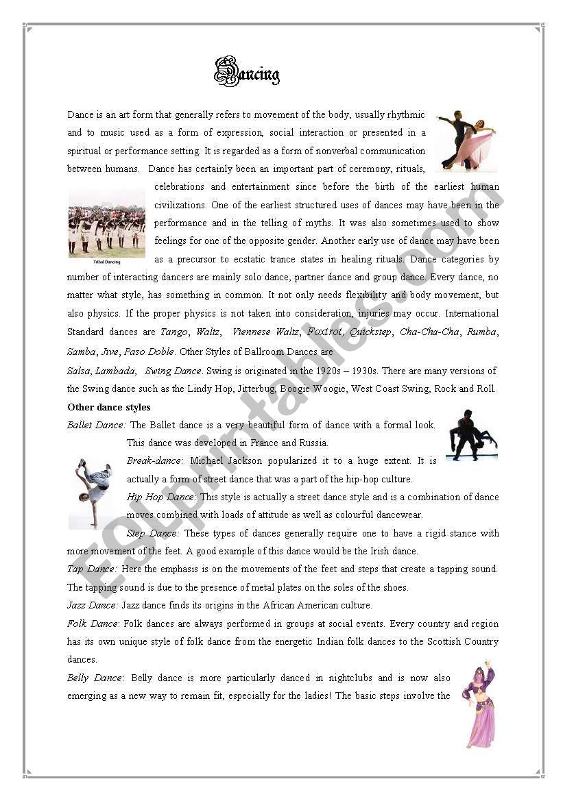 Dancing Reading Comprehension With Key ESL Worksheet By Saskat3
