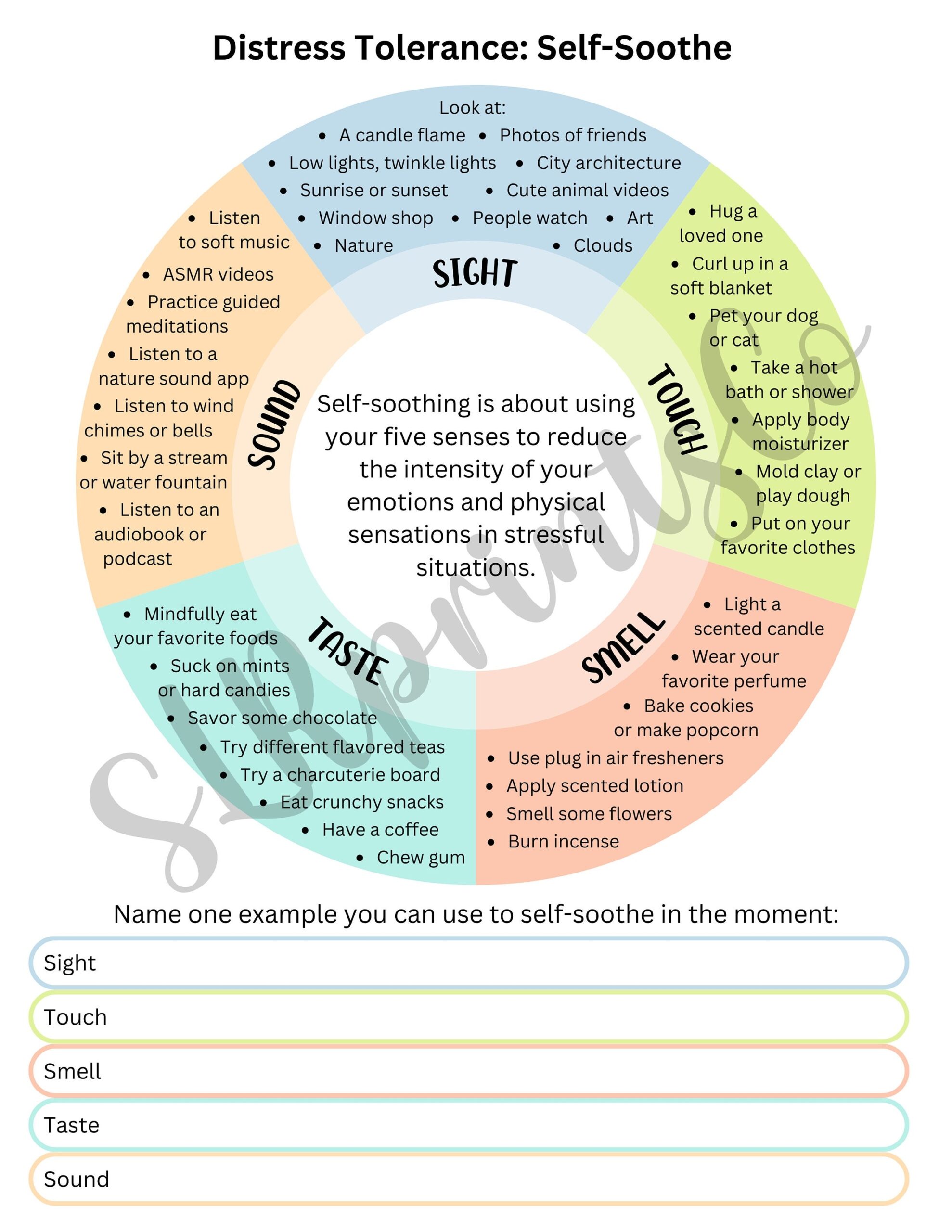 DBT Self soothe Therapy Worksheet Distress Tolerance Skill Handout Etsy