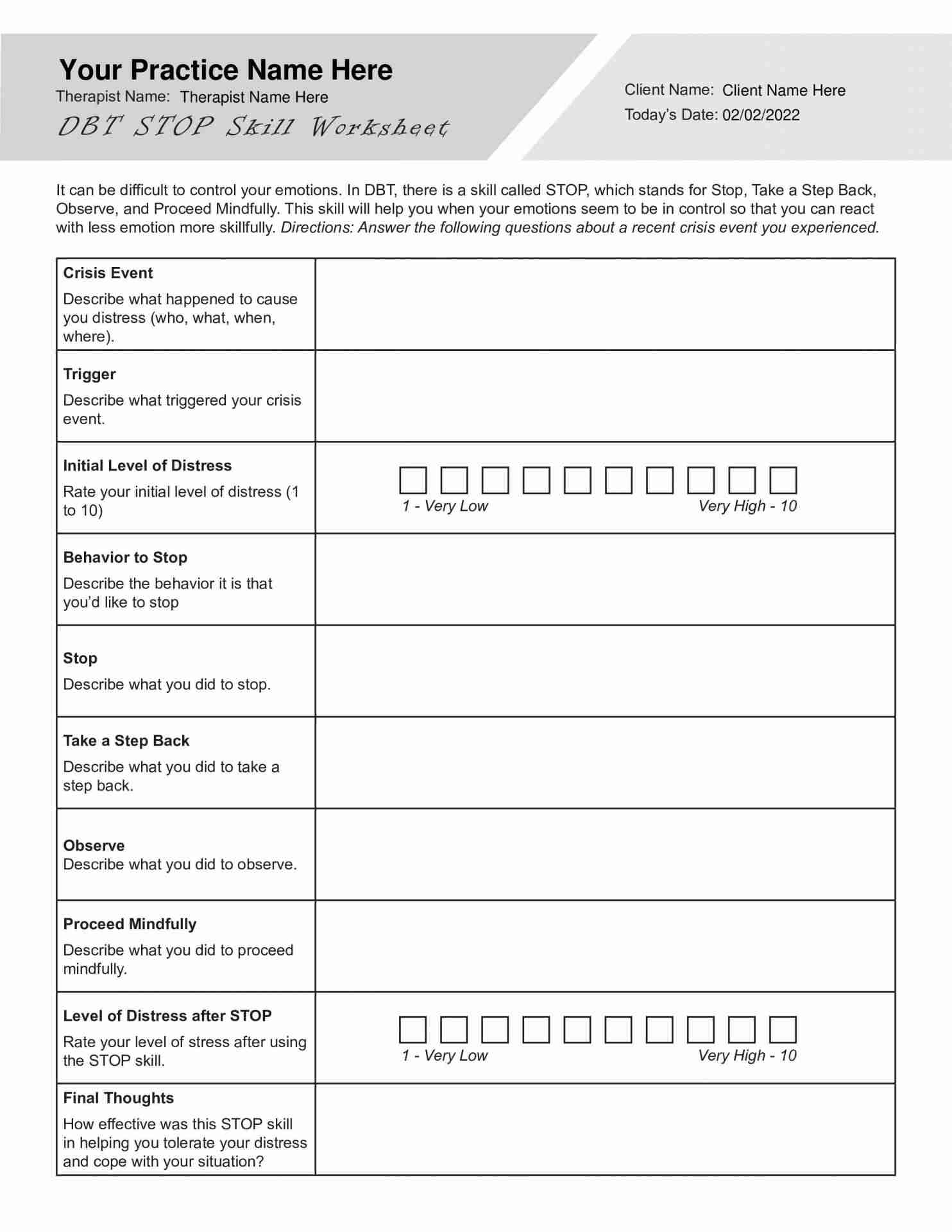 DBT STOP Skill Worksheet PDF 