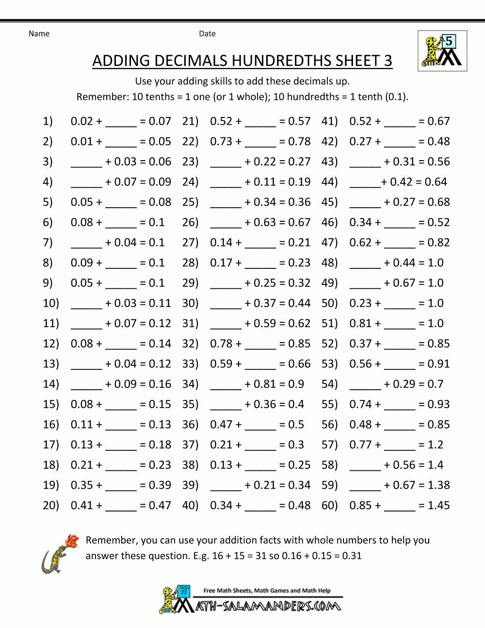 Adding Decimals Free Printable Worksheets