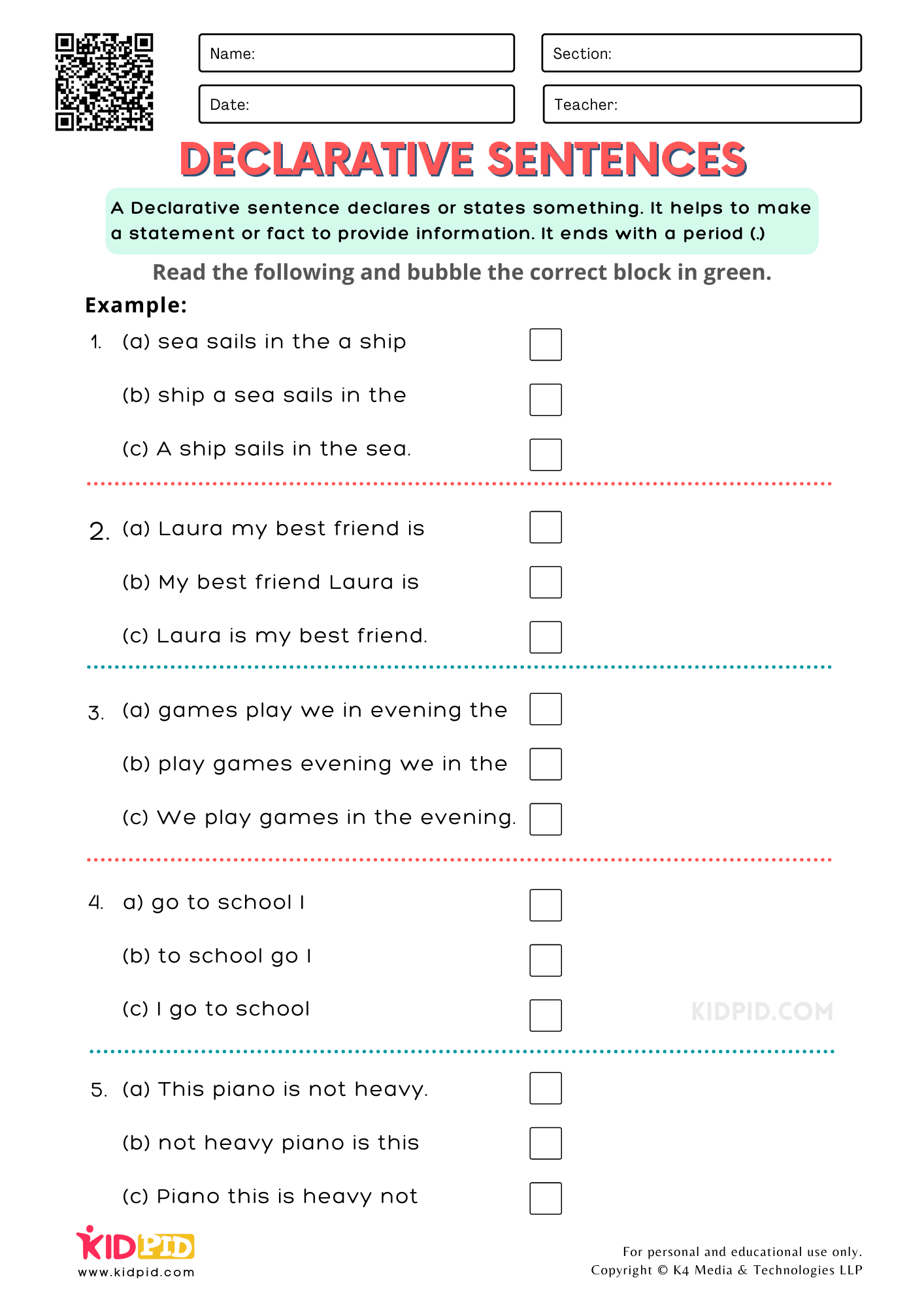Declarative Sentence Free Printable Worksheets For Grade 1 Kidpid