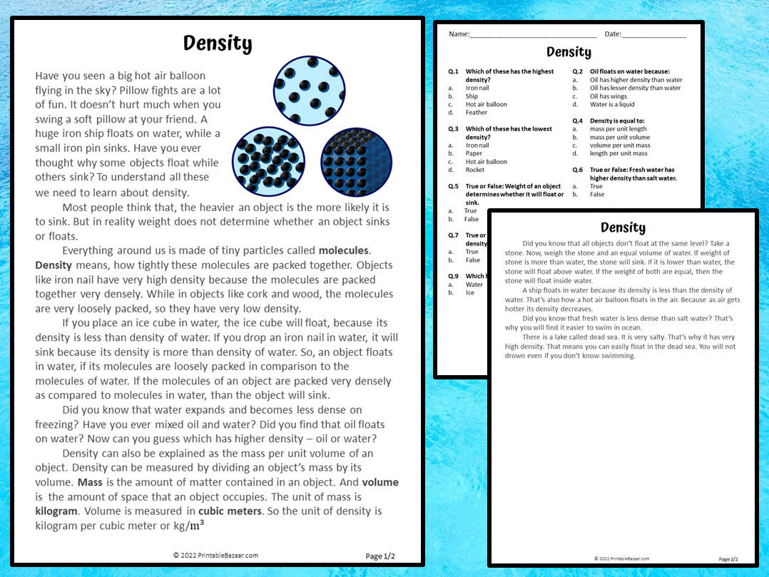 Density Reading Comprehension Passage And Questions PDF 