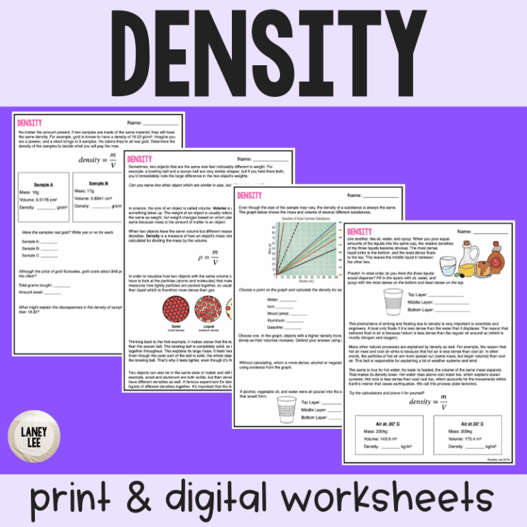 Density Reading Comprehension Worksheets Laney Lee