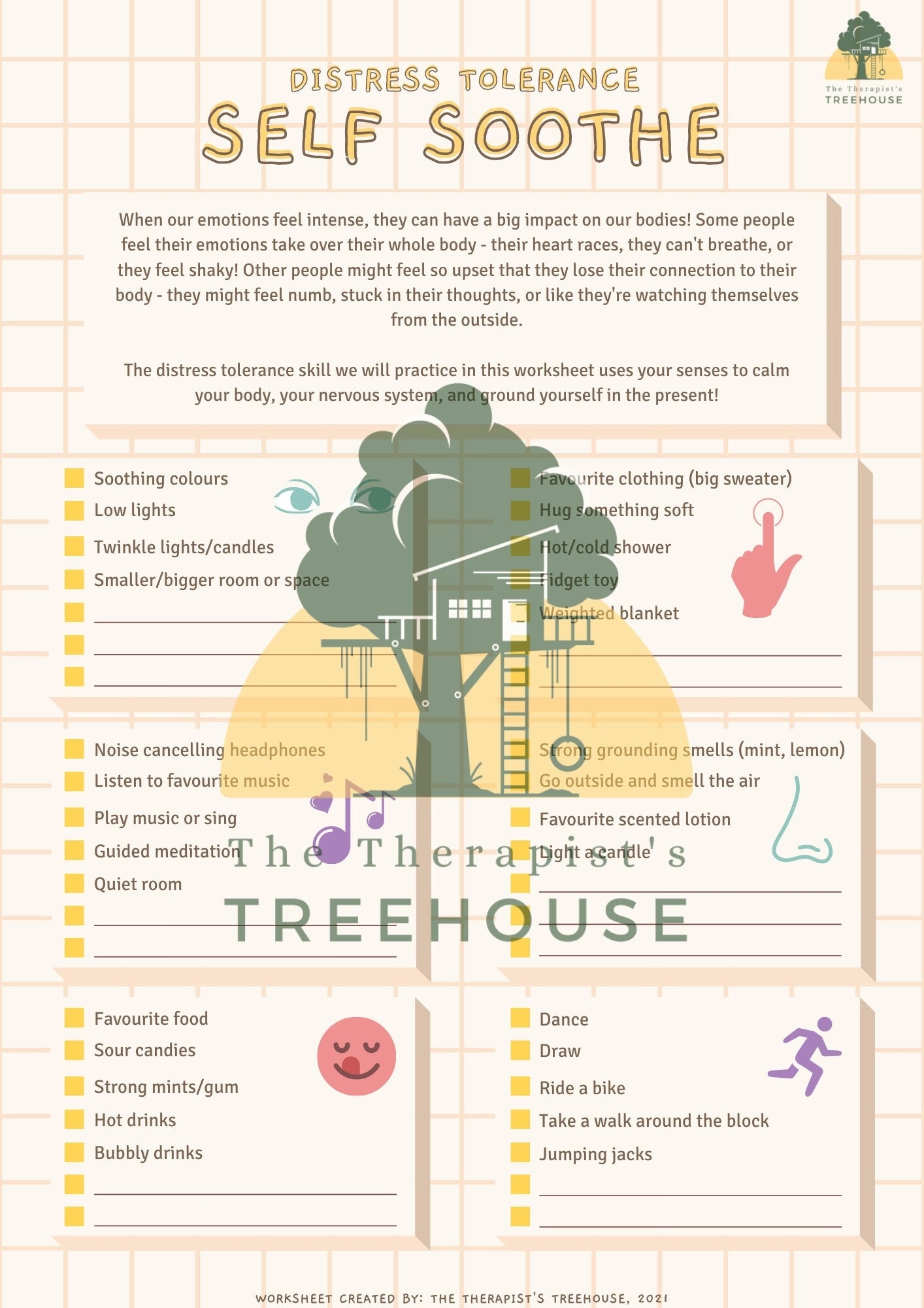 Distress Tolerance Worksheet Self Soothe DBT Worksheet