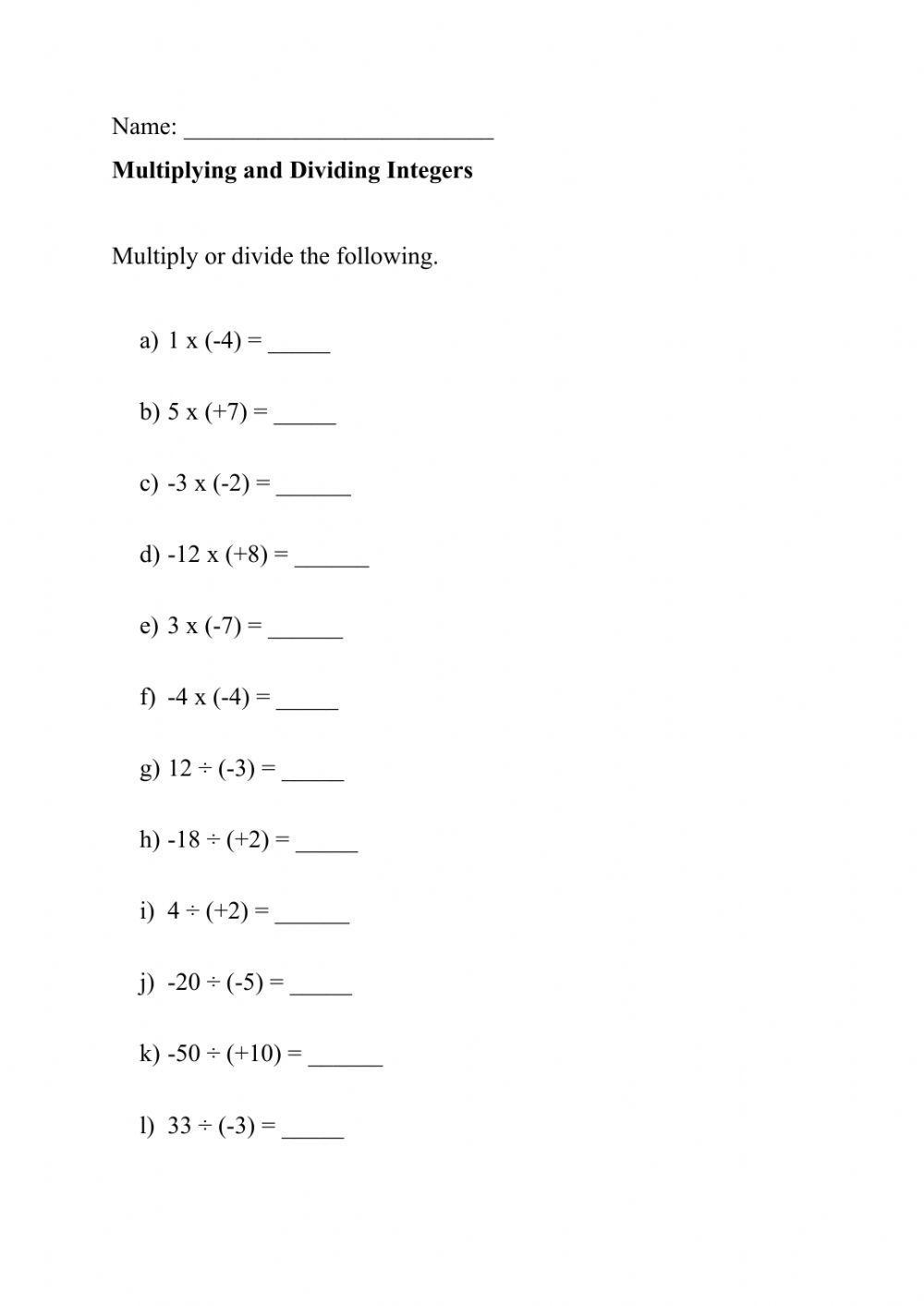 Dividing Integers Worksheet printable Online Answers Examples Worksheets Library