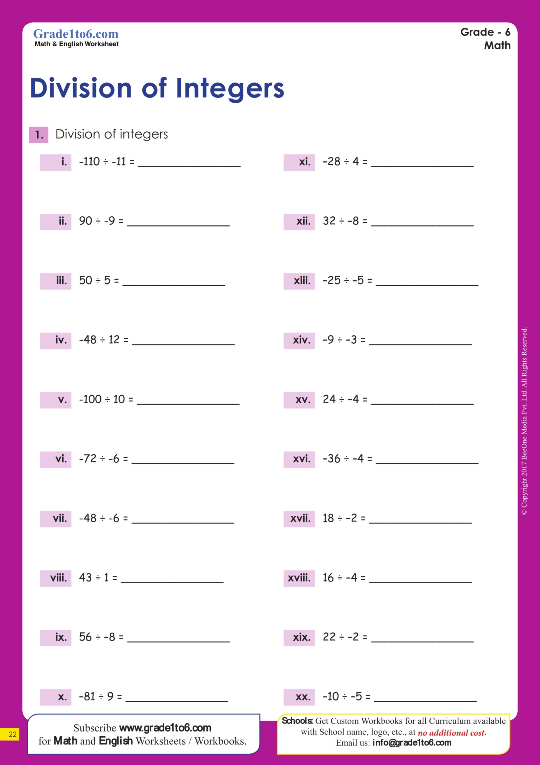 Free Printable Dividing Integers Worksheets