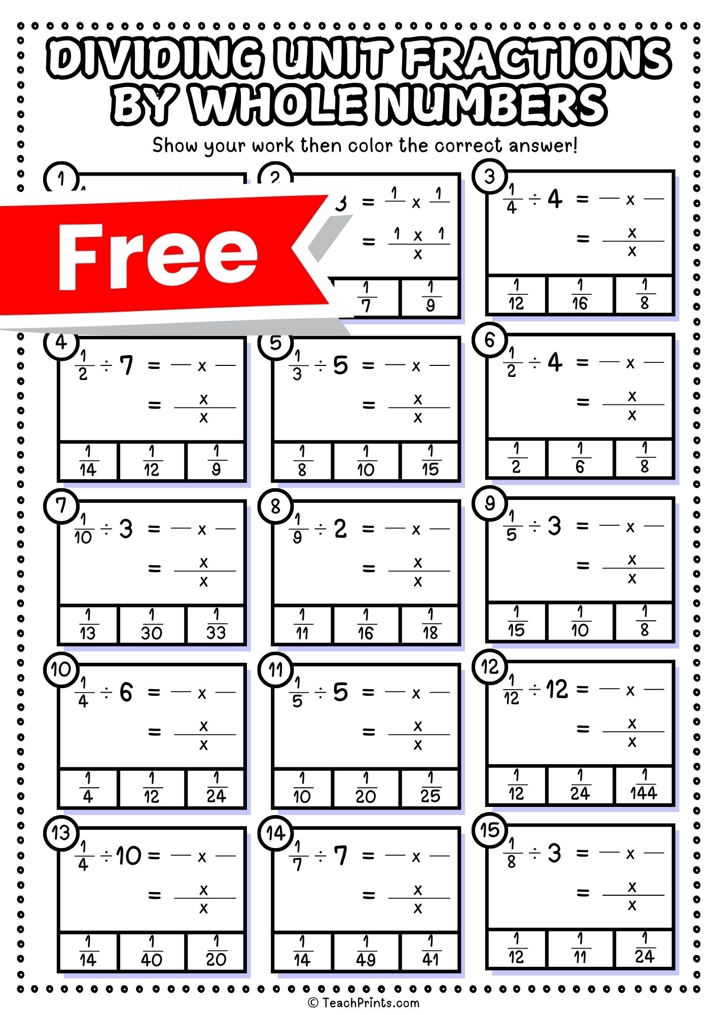 Dividing Unit Fractions By Whole Numbers Worksheets Teach Prints