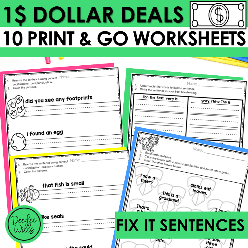 Dollar Deal Animals Fix The Sentence Worksheets Sentence Building U0026 Writing Mrs Wills Kindergarten