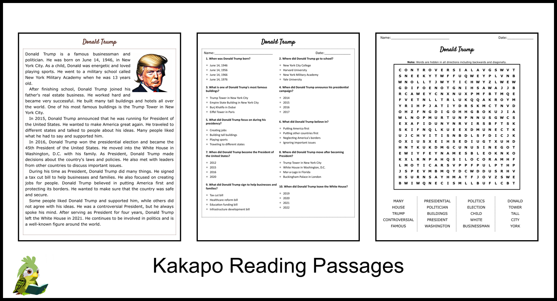 Donald Trump Reading Comprehension And Word Search Teaching Resources