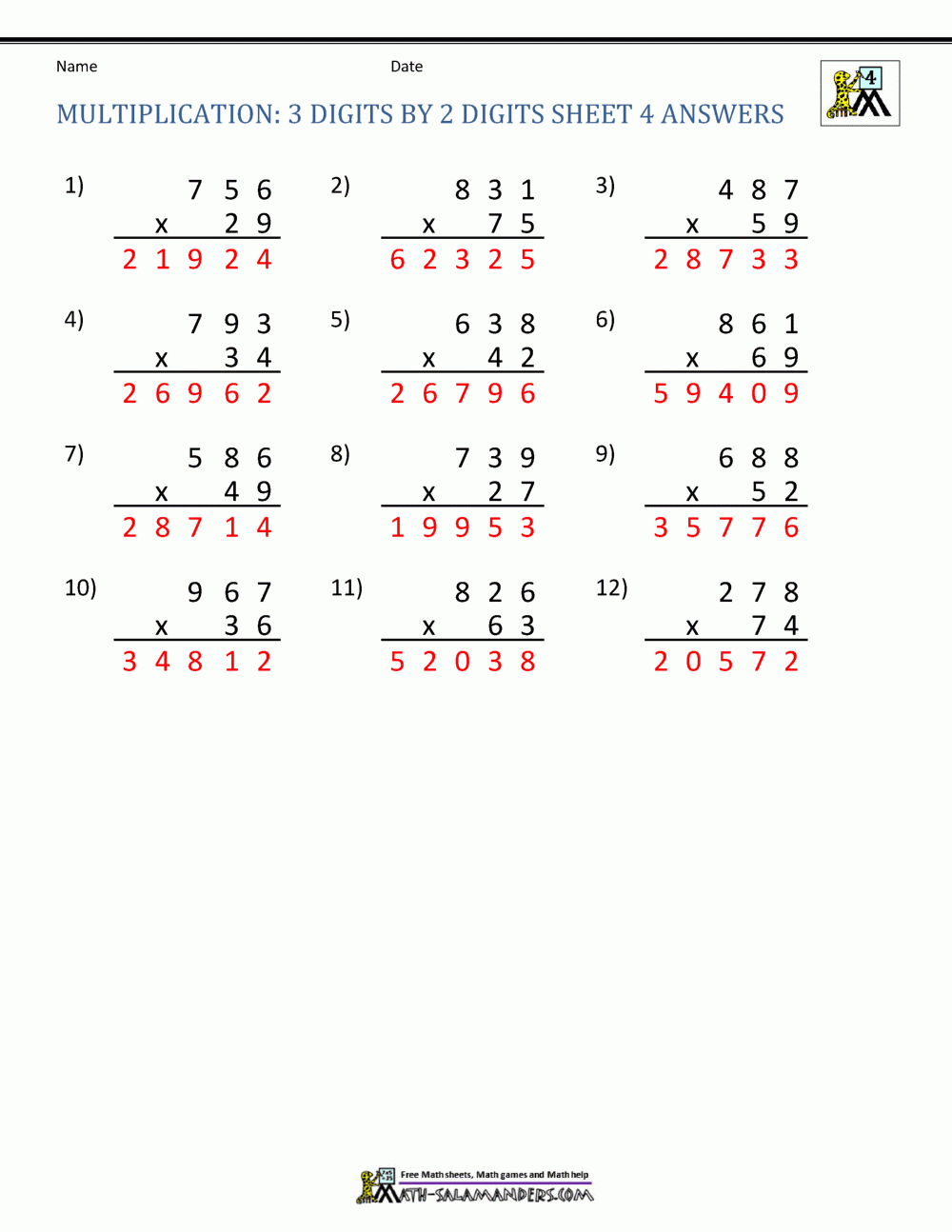 Double Digit Multiplication Worksheets 4th Grade