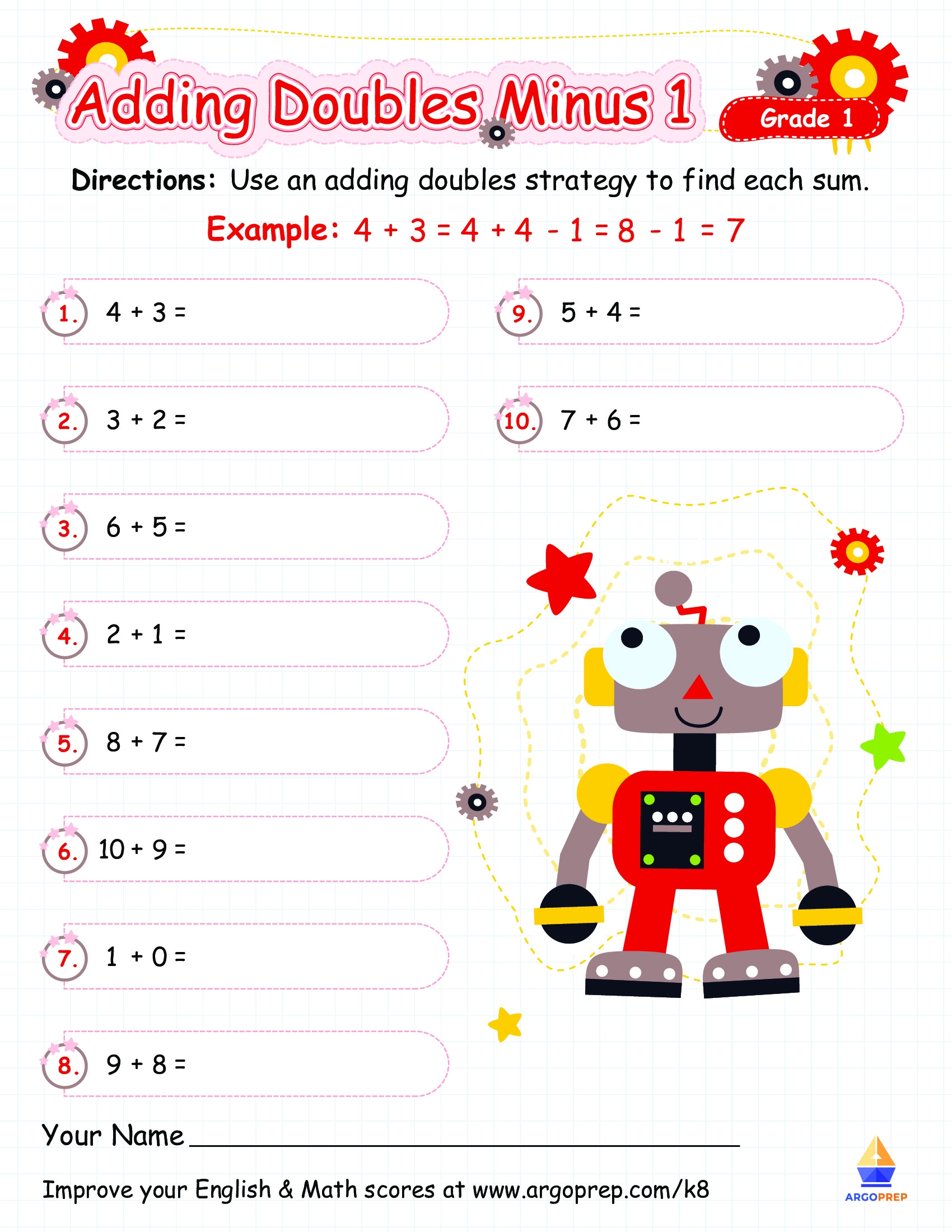 Doubles Minus One Free Printable Worksheets For Grade 1 ArgoPrep