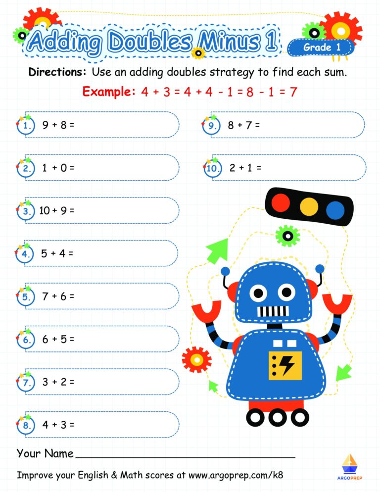 Doubles Minus One Free Printable Worksheets For Grade 1 ArgoPrep