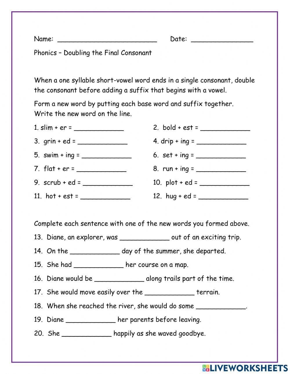 Doubling The Final Consonants Worksheet Live Worksheets Worksheets Library