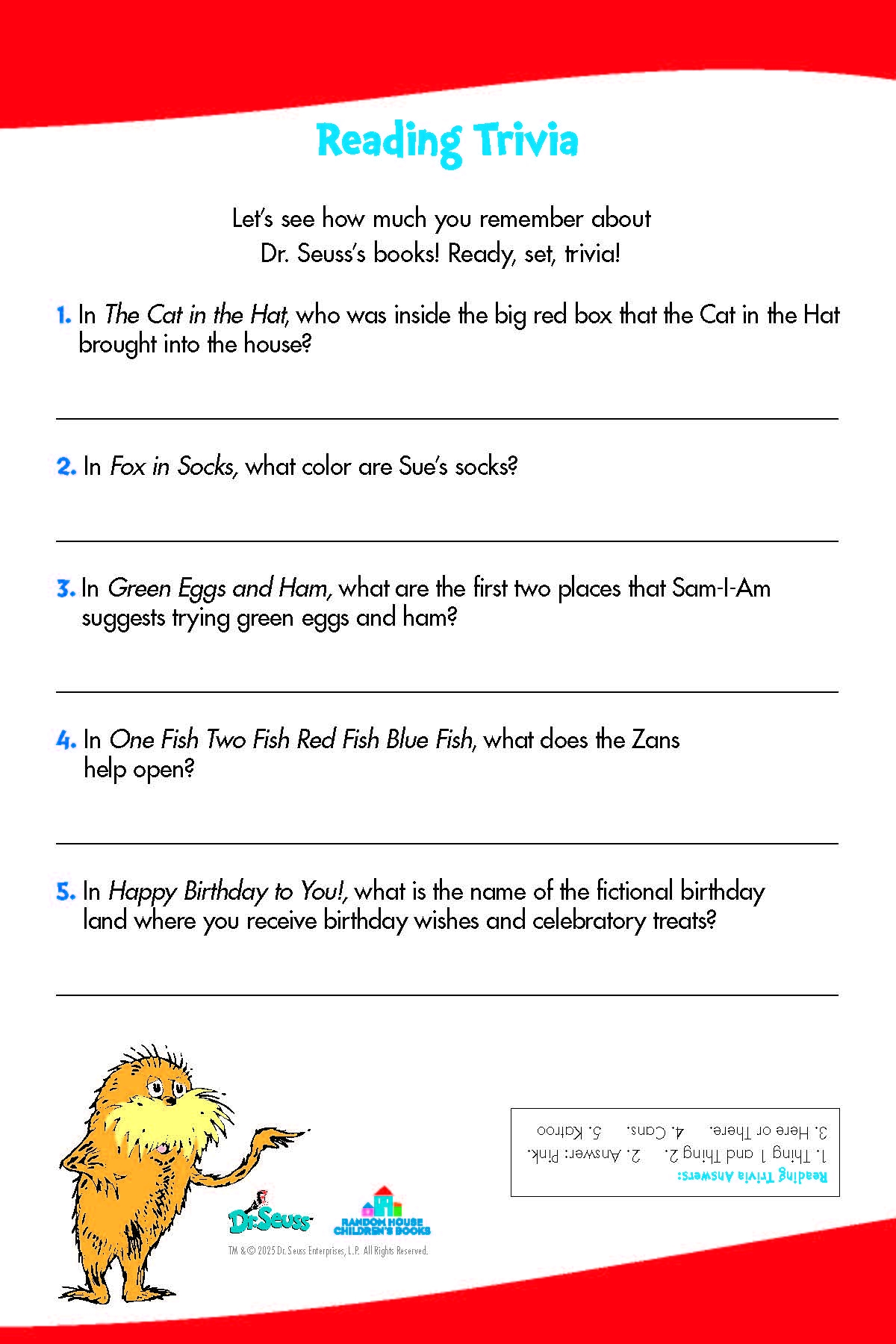Dr. Seuss Reading Comprehension Worksheet