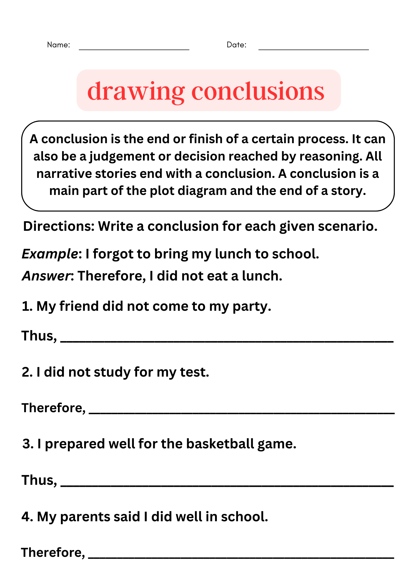 Drawing Conclusions Examples With Answers Writing Conclusion Worksheet Made By Teachers
