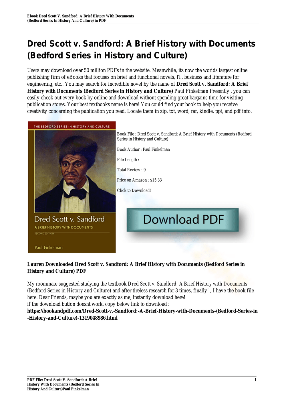 Dred Scott V Sandford A Brief History Worksheet