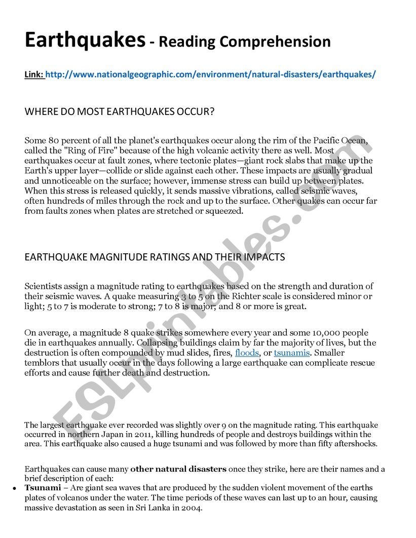 Earthquakes National Geographic Reading Comprehension ESL Worksheet By Borotraj