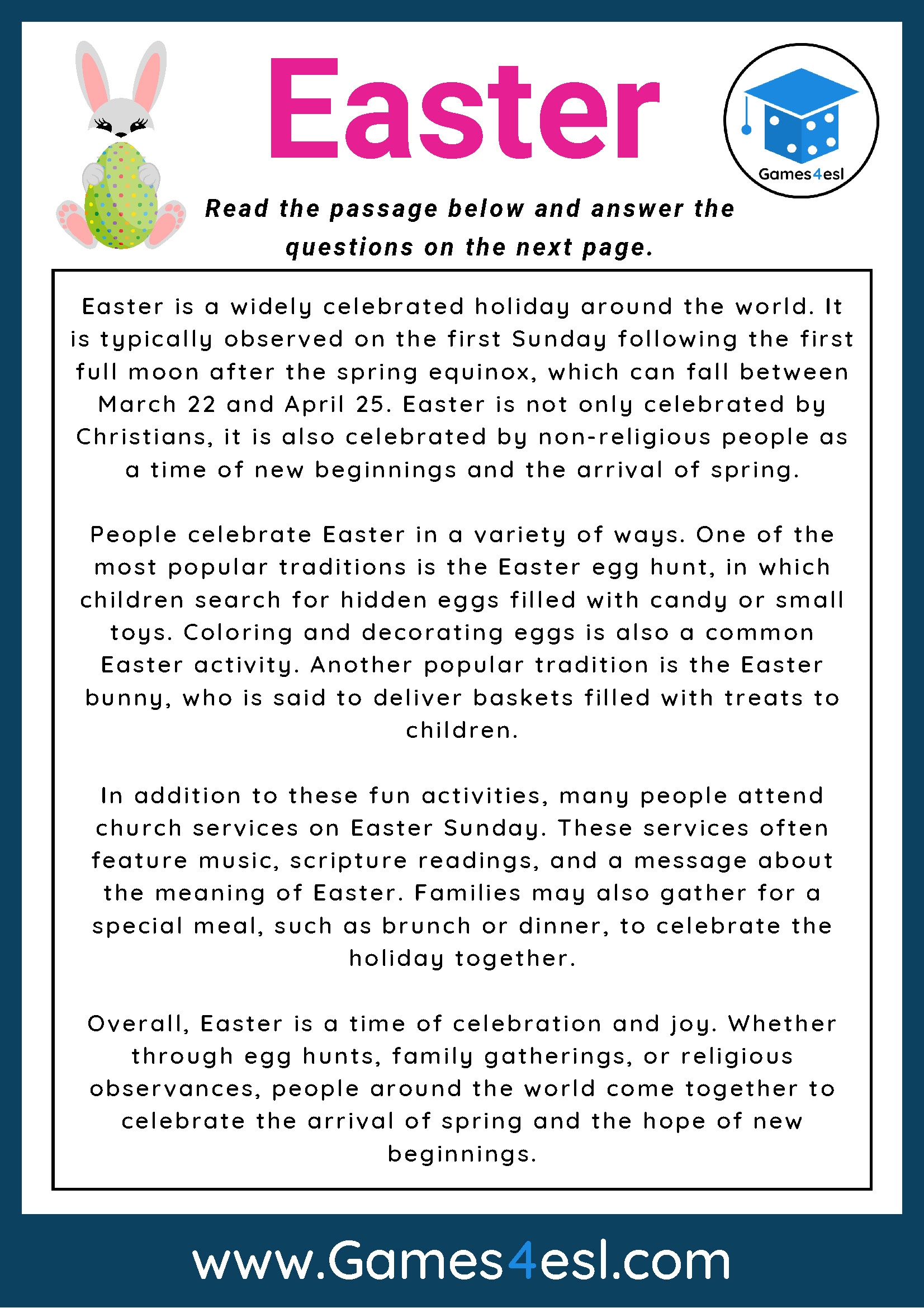 Easter Reading Comprehension Worksheet Games4esl