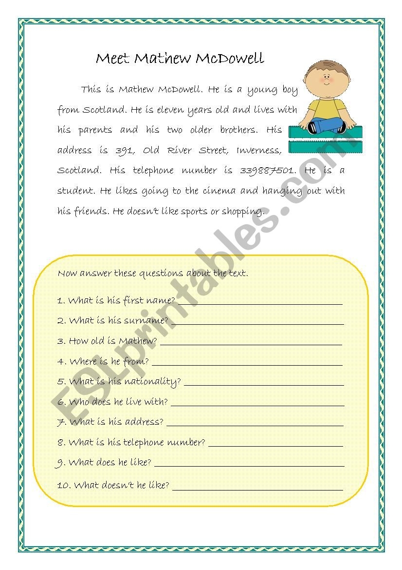 Easy Reading comprehension ESL Worksheet By Sarasantos