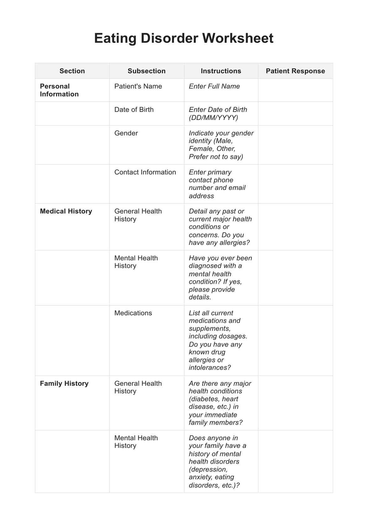 Eating Disorder Worksheet U0026 Example Free PDF Download