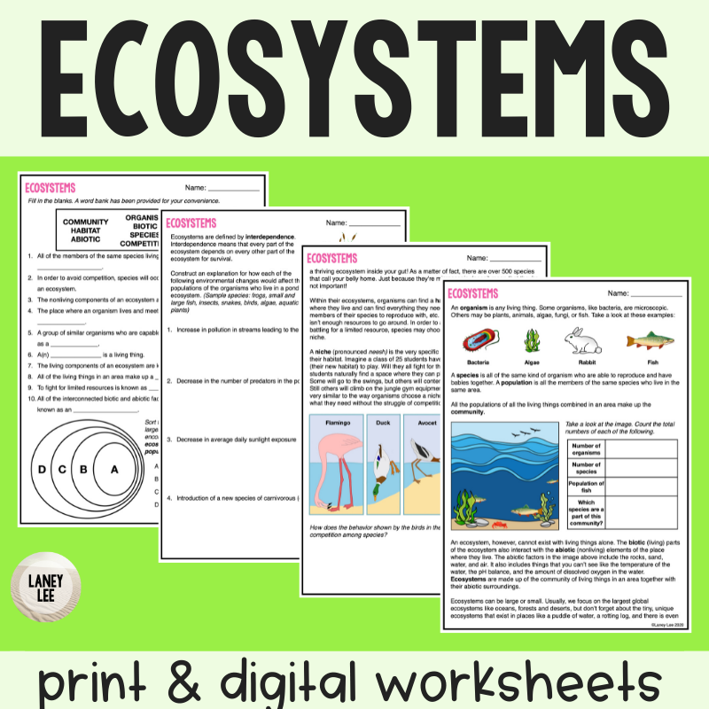 Ecosystems Reading Comprehension Worksheets Laney Lee