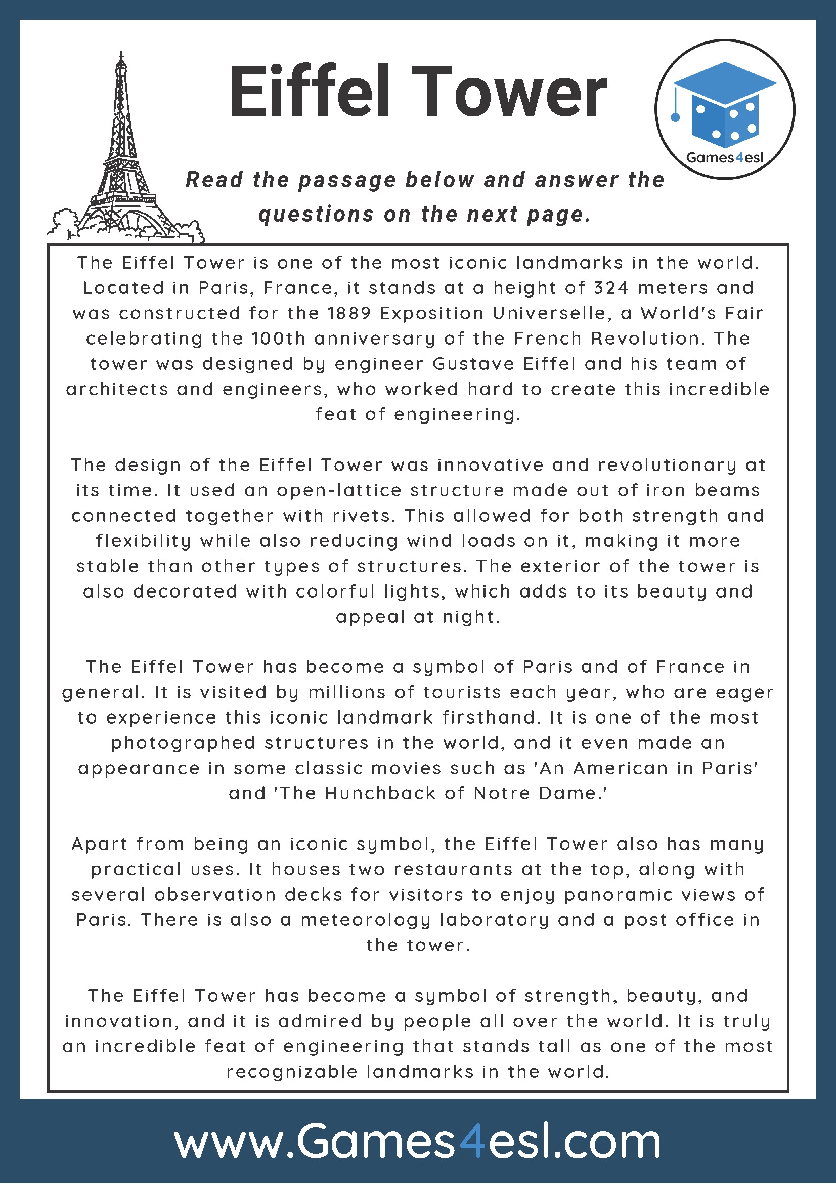 Eiffel Tower Reading Comprehension Worksheet Games4esl