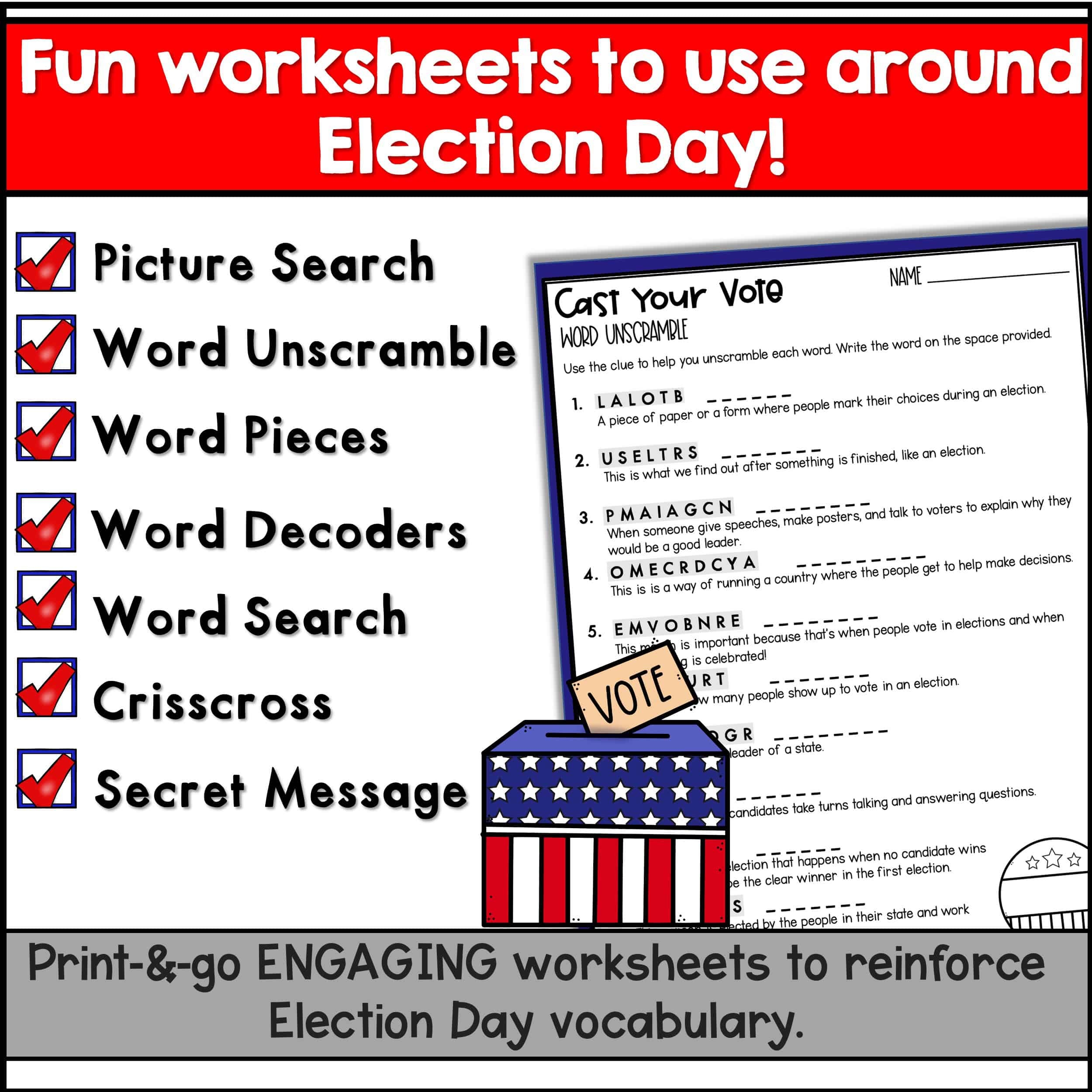 Election Day Puzzles Packet Voting Crossword Puzzle Election Word Search The Rocket Resource