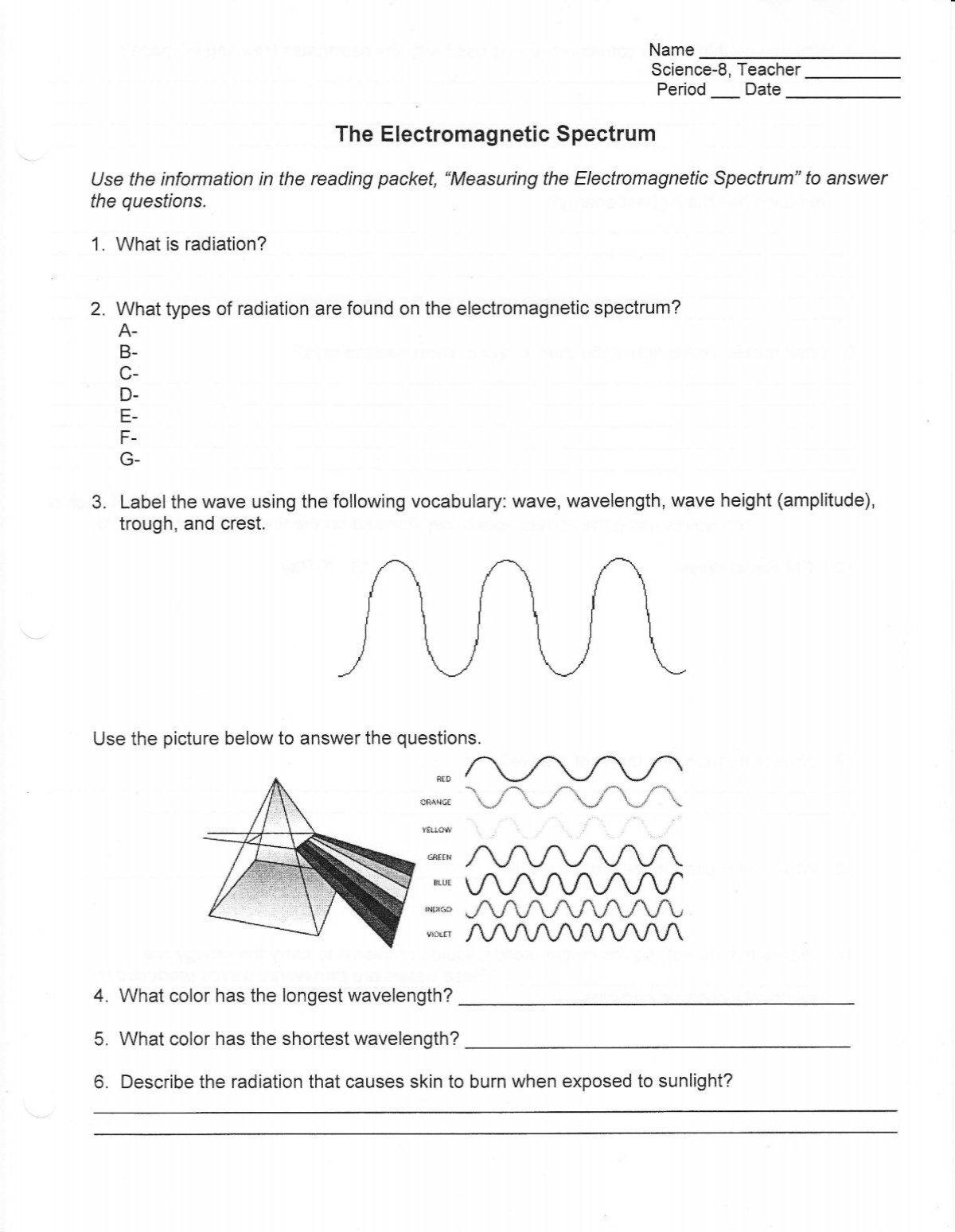 Electromagnetic Spectrum Reading Comprehension Worksheet