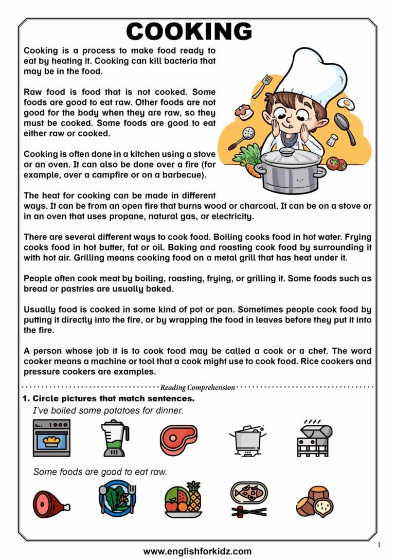 English For Kids Step By Step Reading Comprehension Worksheets Food And Cooking