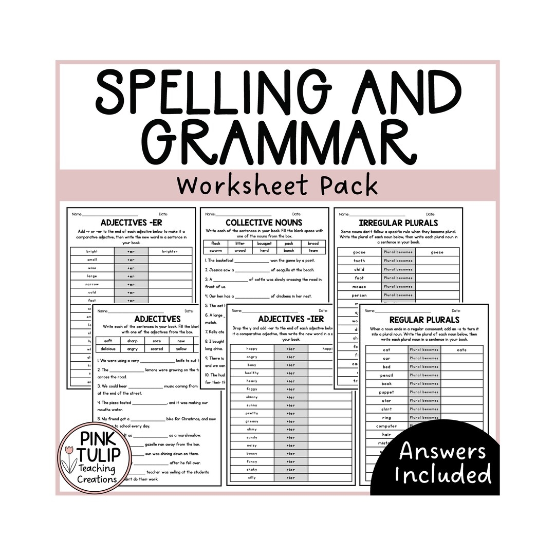 English Spelling And Grammar Worksheet Pack Etsy
