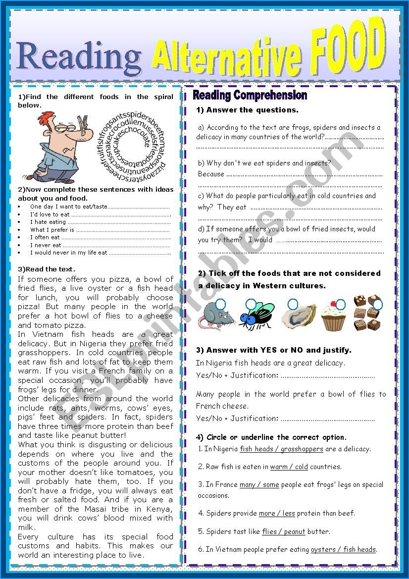 English Test ALTERNATIVE FOOD Reading Comprehension ESL Worksheet By Karagozian