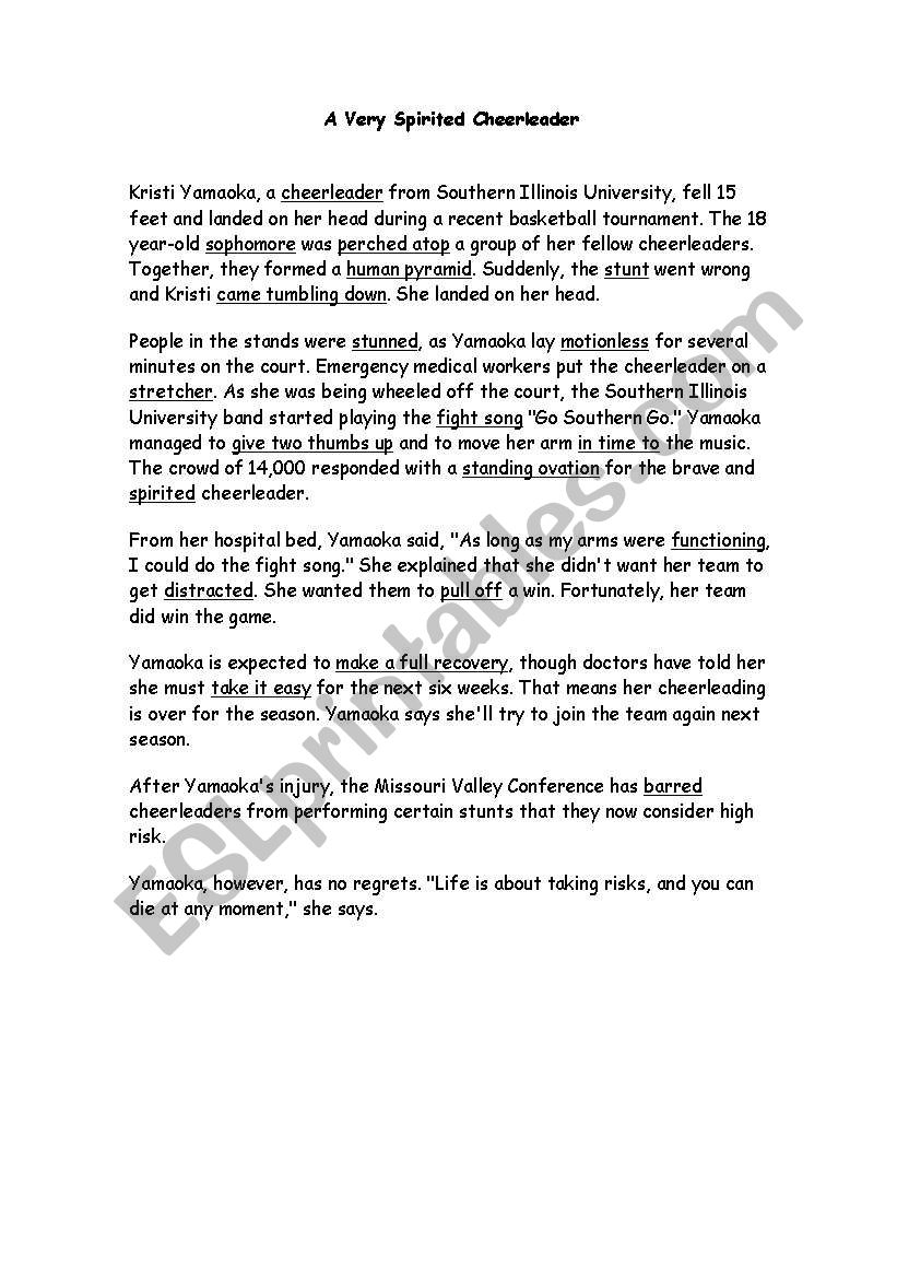 Cheerleading Reading Comprehension Worksheets