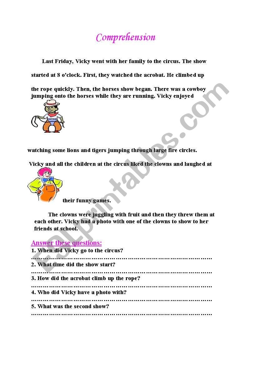 English Worksheets Comprehension At The Circus