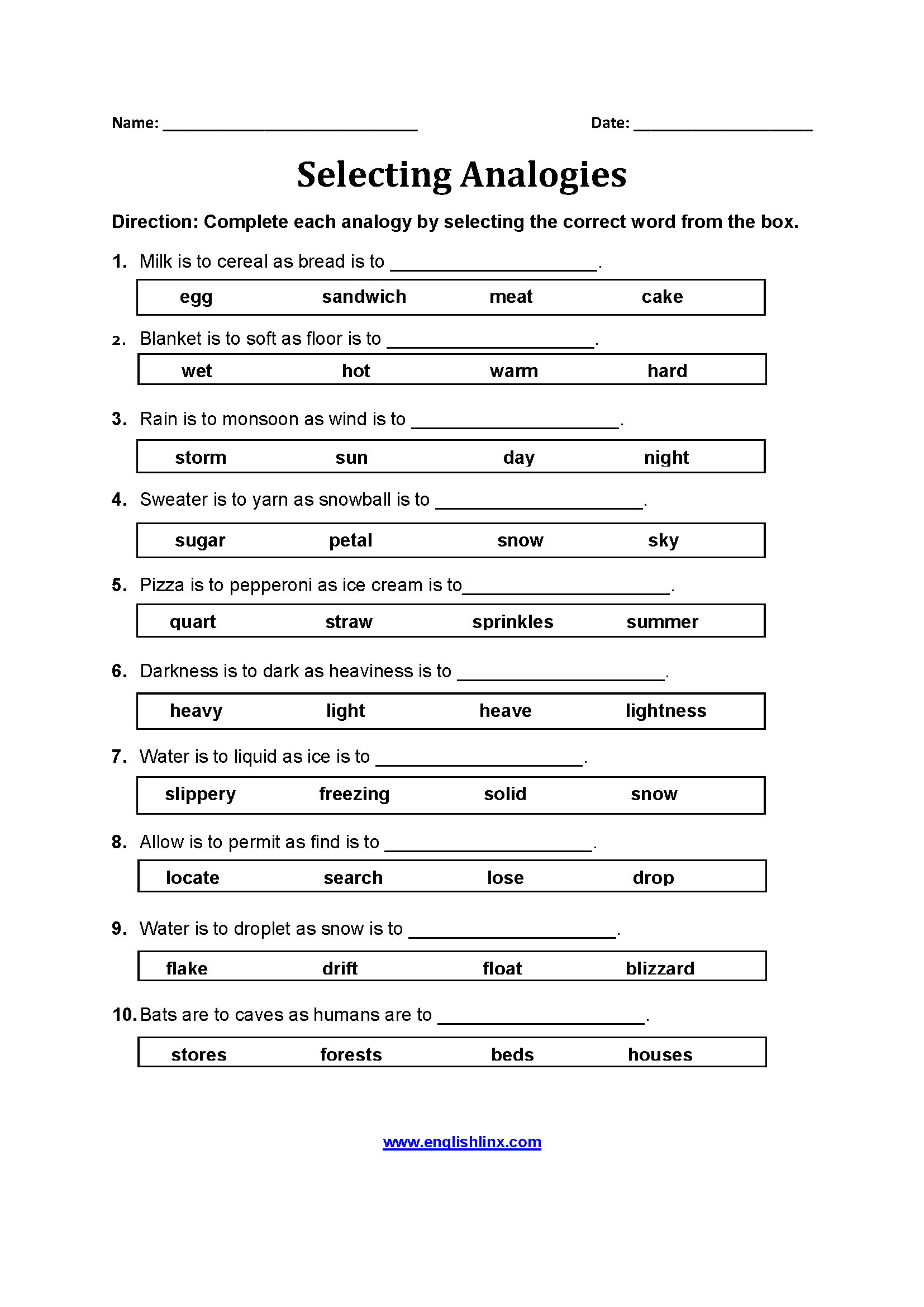 Englishlinx Analogy Worksheets