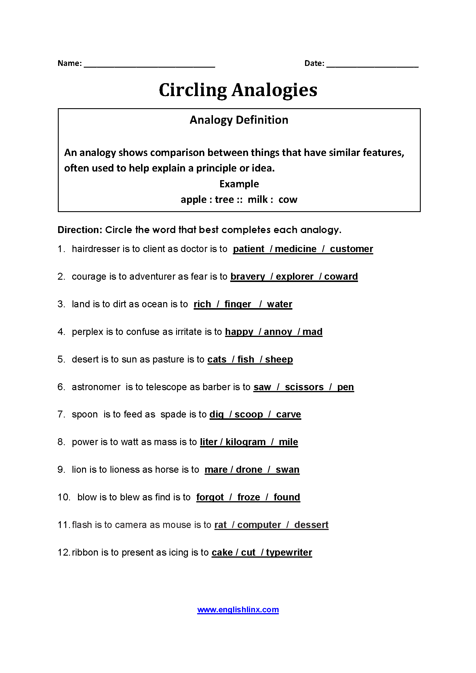 Free Printable Analogy Worksheets