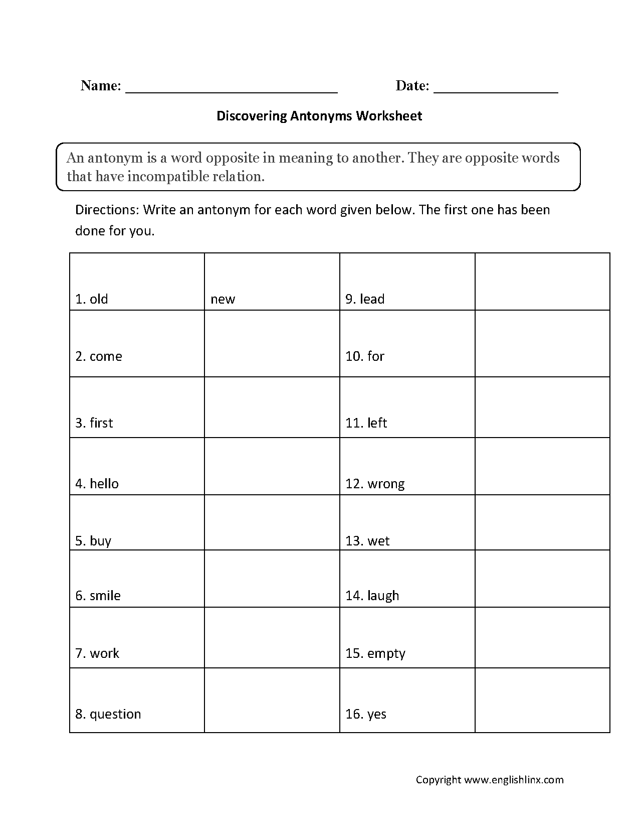 Free Printable Antonym Worksheets 4th Grade