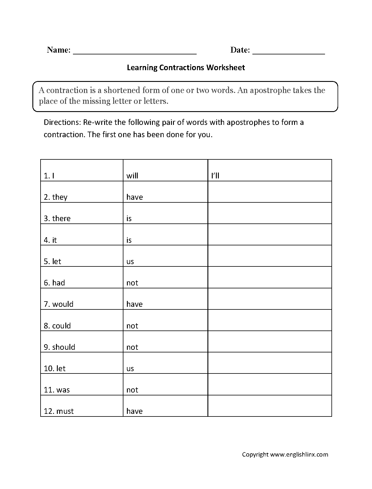 Englishlinx Contractions Worksheets