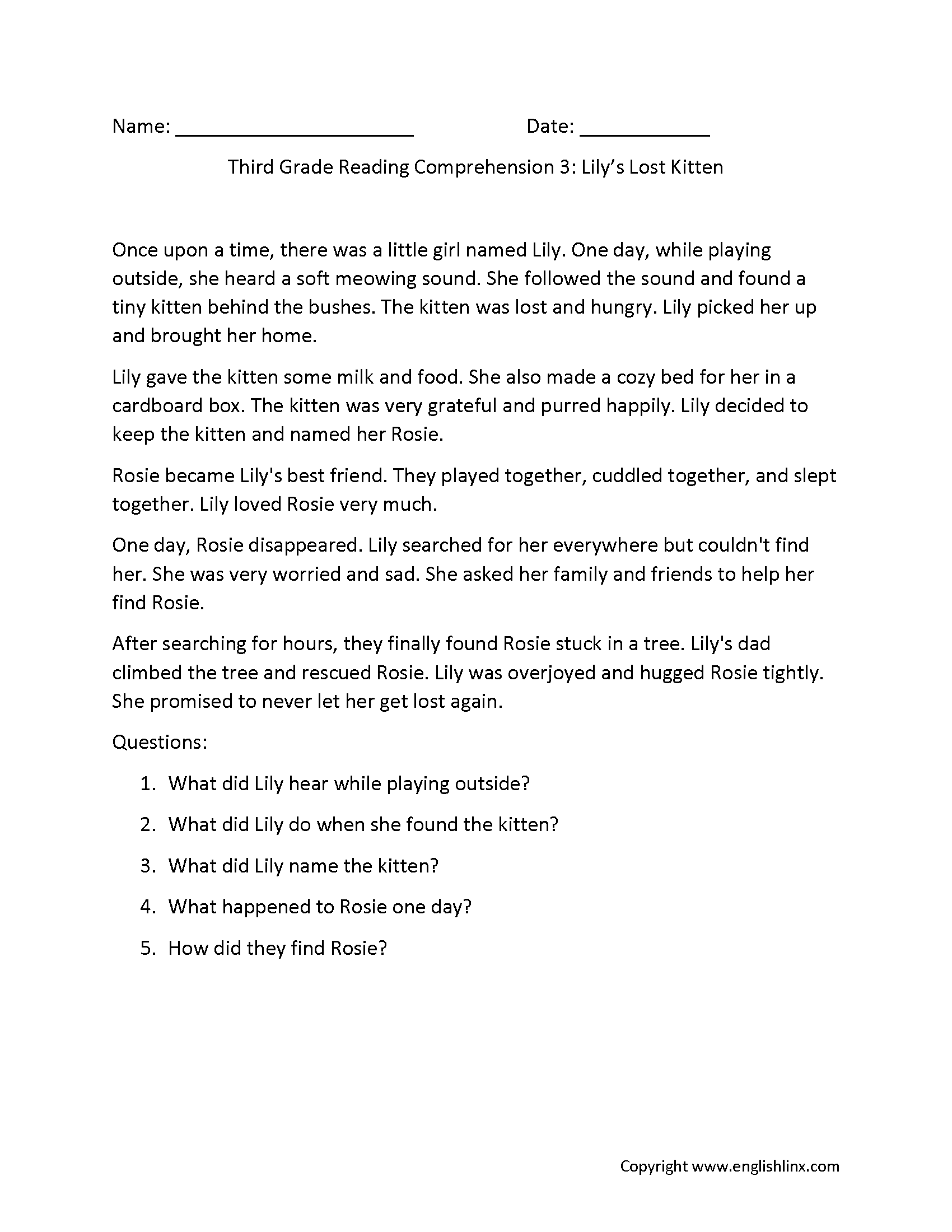 Free Sixth Grade Reading Comprehension Worksheets