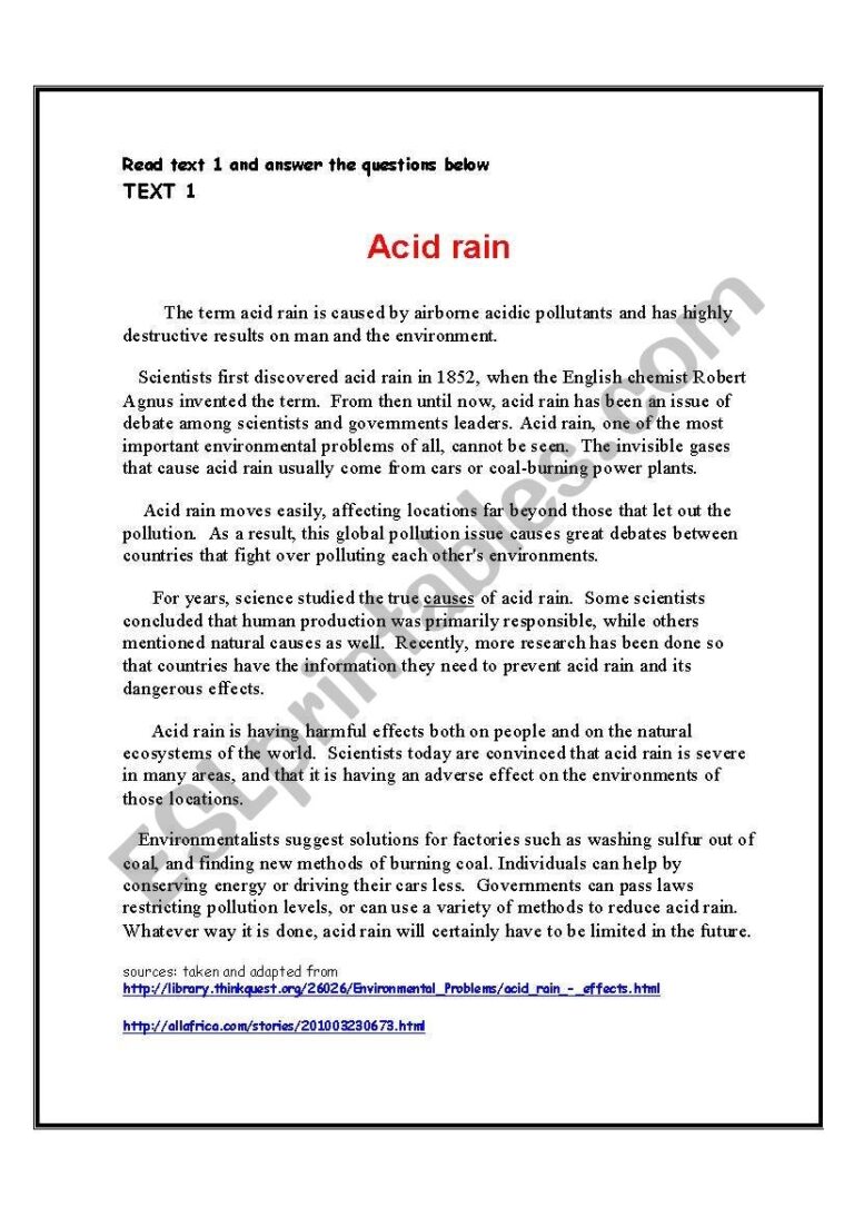 Environmental Problems Acid Rain Reading Comprehension Theme 