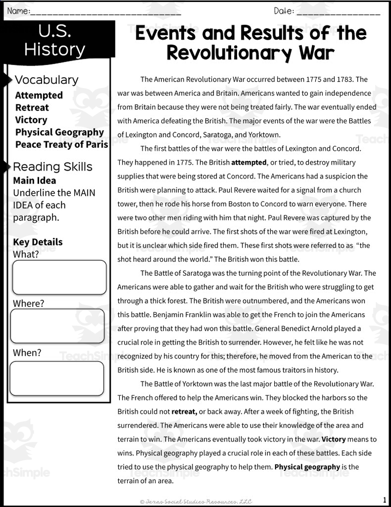 Events Of The Revolutionary War Reading Packet By Teach Simple