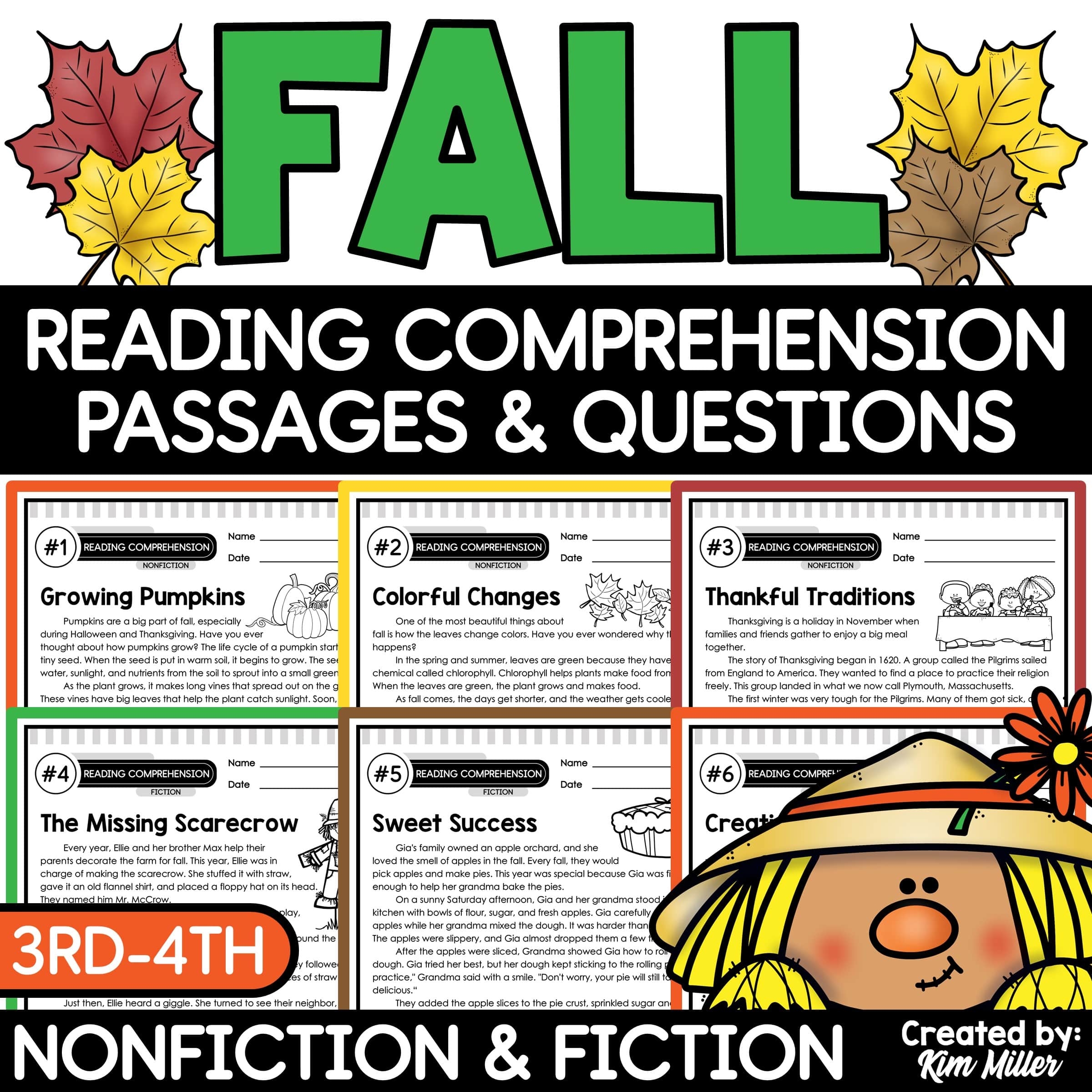 Fall Activities Reading Comprehension Passages And Questions 3rd 4th Grade A Love Of Teaching Kim Miller