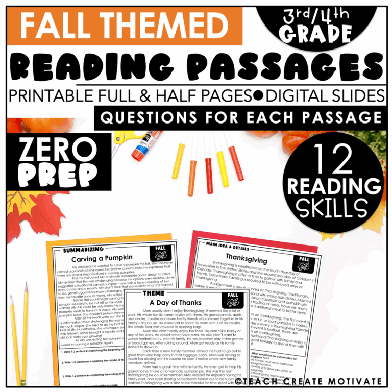 Fall Reading Comprehension 3rd U0026 4th Grade Passages And Questions Teach Create Motivate