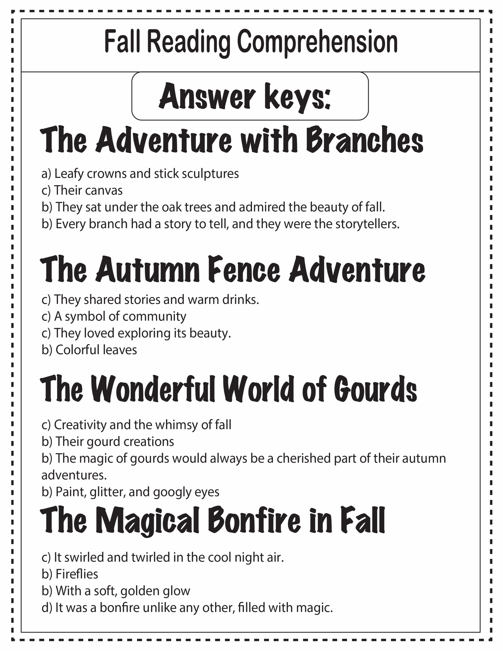 Fall Reading Comprehension Passages Questions And Quizzes Autumn Reading 