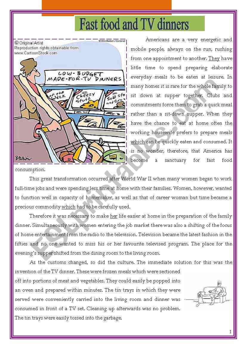 Fast Food And TV Dinners ESL Worksheet By Morganalin