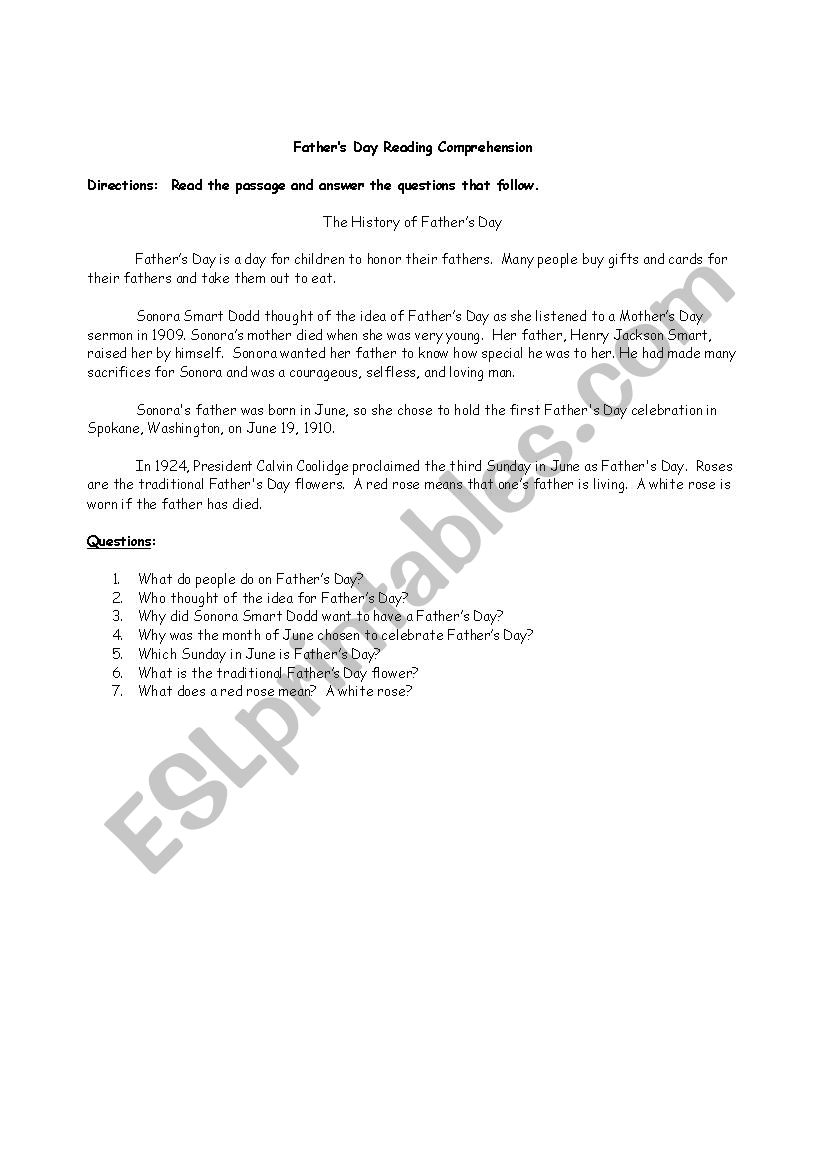 Father s Day Reading Comprehension Intermediate Level B1 ESL Worksheet By Elenius