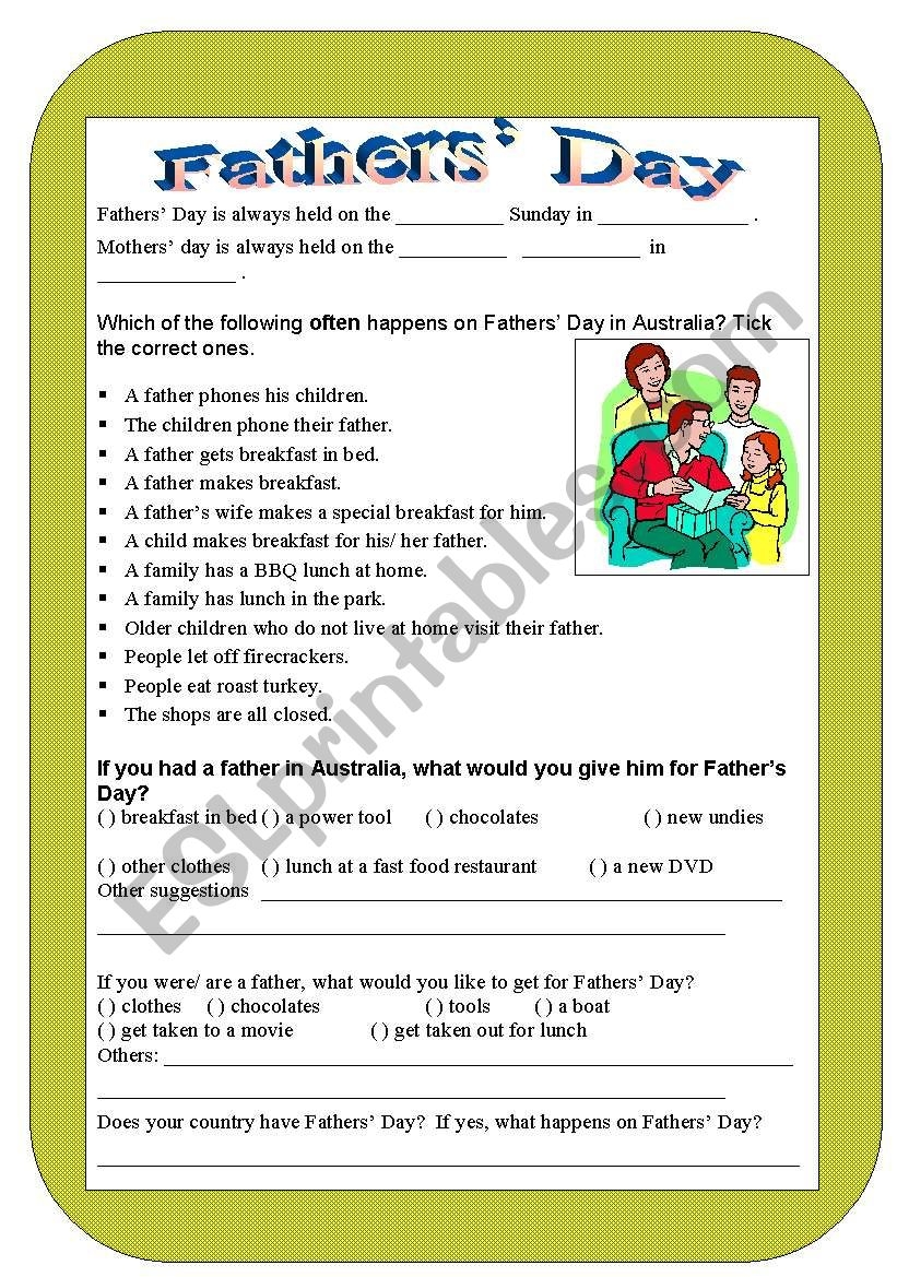 Fathers Day ESL Worksheet By Grevillea