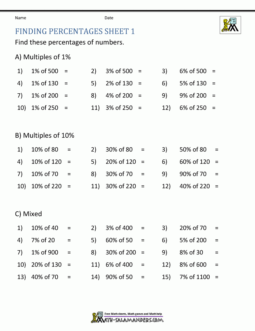 Finding Percentage Worksheets