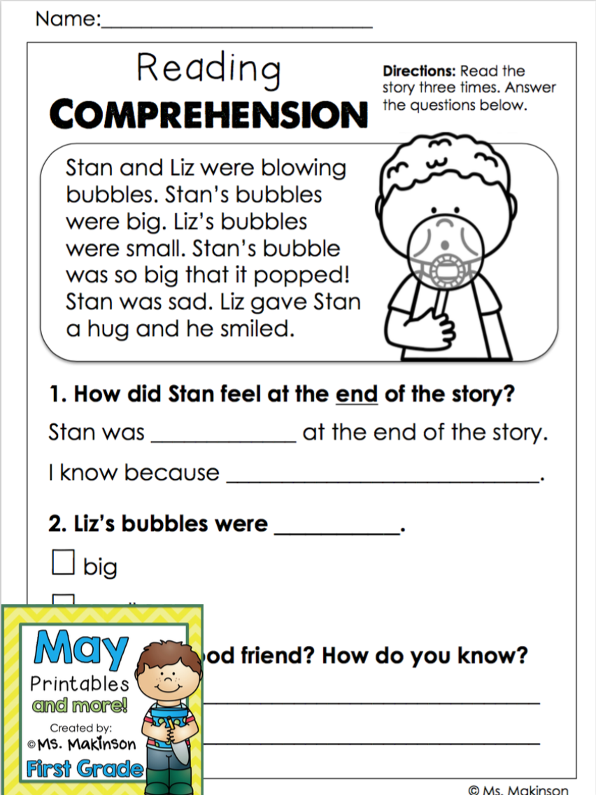 Comprehension Reading Worksheets For 1st Grade